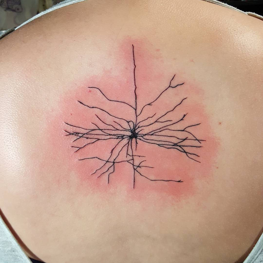 Small Neuron Science Tattoo On Upper Back For Women