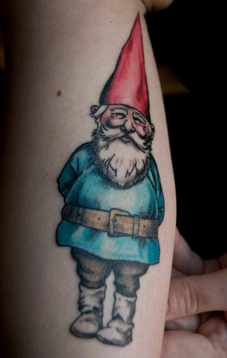 Smiling Gnome Tattoo On Arm Sleeve