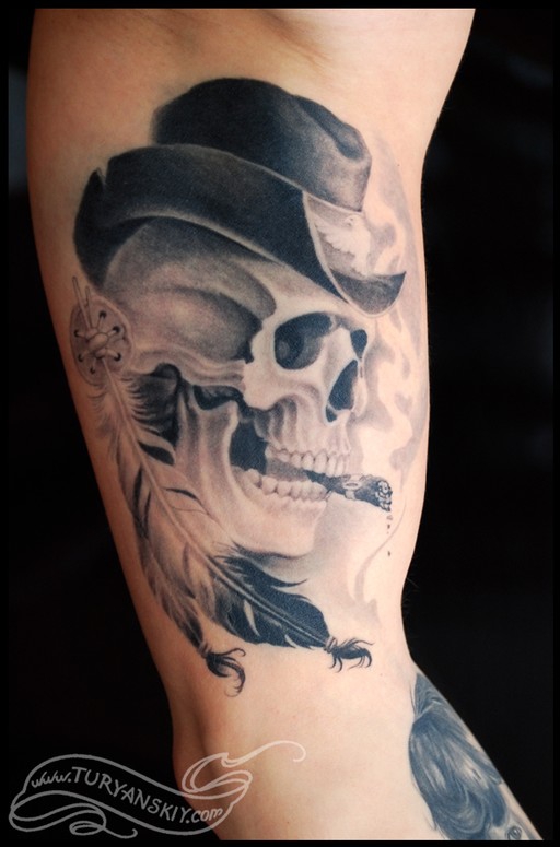 Smoking Skull Western Tattoo On Sleeve