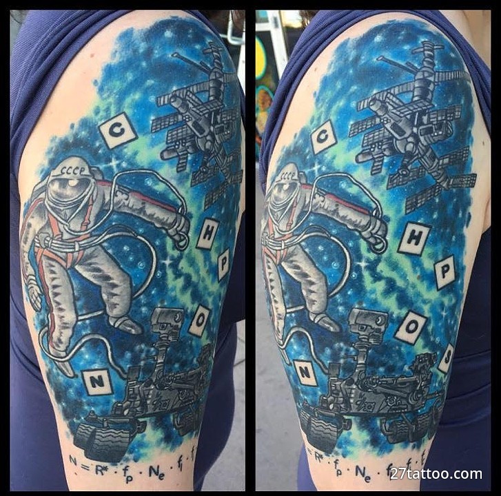 Space And Science Colored Tattoo On Right Half Sleeve