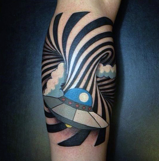 Space Ship Moving Through Spiral Illusion Tattoo On Arm