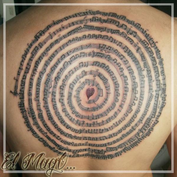 Spiral Circle Music Tattoo On Full Back