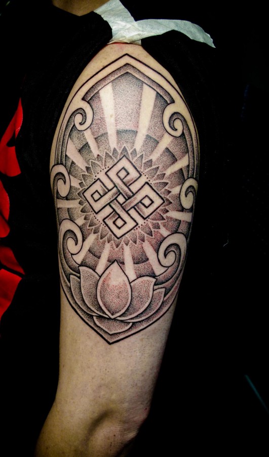 Spiritual Buddhist Endless Knot Tattoo On Left Half Sleeve