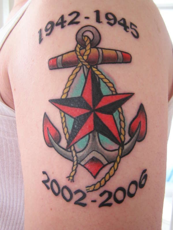 Star Navy Tribute Old School Tattoo On Left Half Sleeve