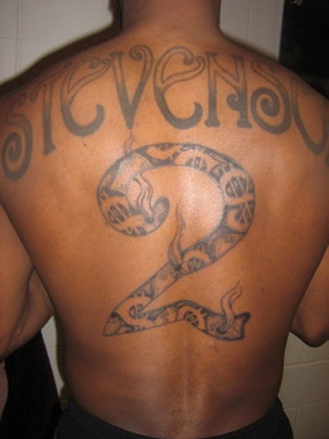 Stevenso With Two Number Full Back Tattoo For Men