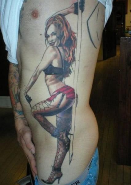 Stripper Pin Up Girl Tattoo On Side Rib For Men