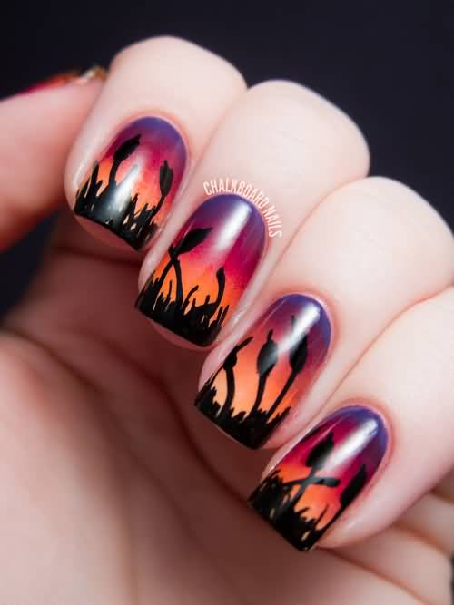 Sunset View Gradient Nails With Flowers Design Idea