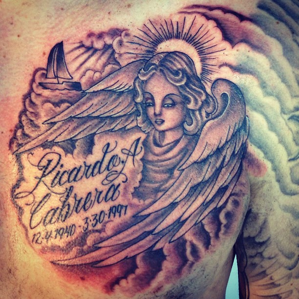 Superb Angel Remembrance Tattoo On Chest