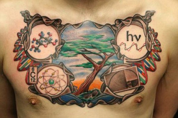 Superb Colored Science Tattoo On Chest For Men