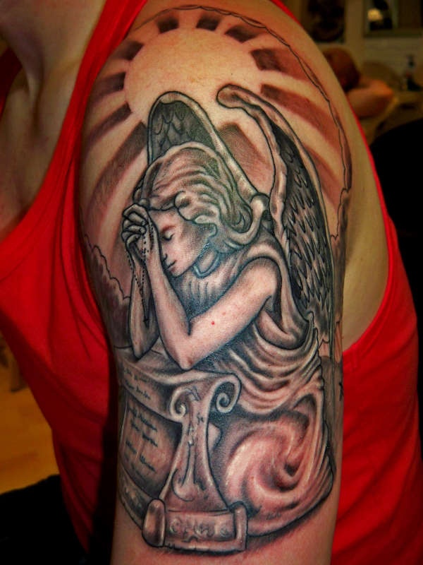 Superb Praying Angel Tattoo On Left Half Sleeve For Girls