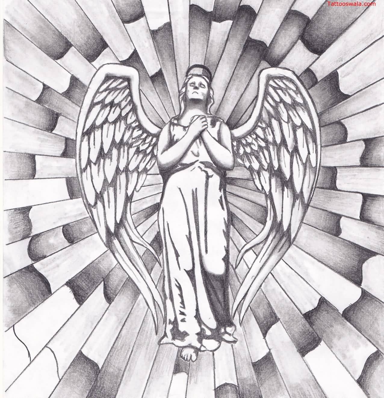 Superb Praying Big Angel Tattoo Stencil