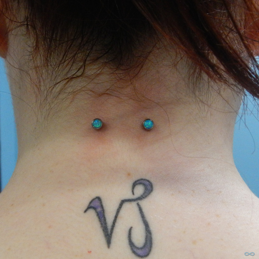 Surface Neck Piercing With Blue Opal Studs