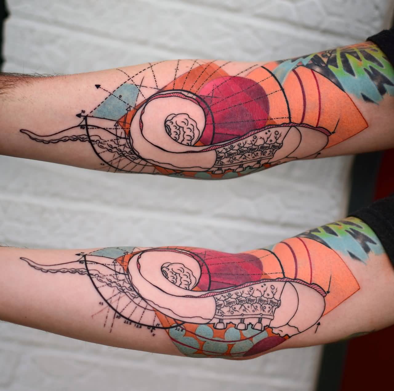 Tentacle And Nautilus Shell And Golden Ratio Science Tattoo On Arm