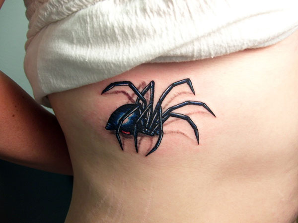 Terrific Black Widow Spider Tattoo On Girl Side Rib