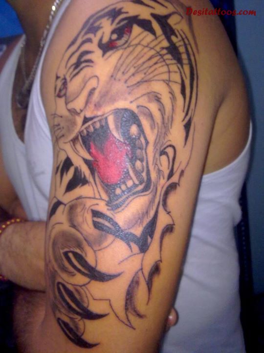 Terrific Tiger Punjabi Tattoo On Left Half Sleeve