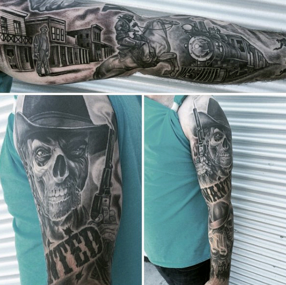 Terrific Western Shootout With Skeleton Scene Tattoo On Full Sleeve