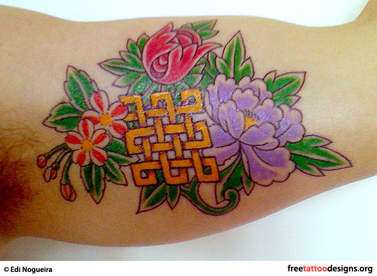 Tibetan Endless Knot And Flowers Tattoo On Biceps