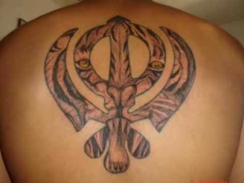 Tiger In Punjabi Khanda Tattoo On Upper Back