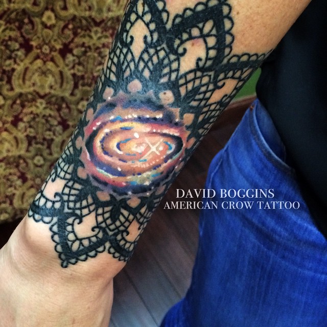 Tiny Spiral Galaxy In Mallory Lace Mandala Tattoo On Arm Sleeve