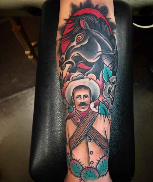 Traditional Cowboy With Horse Western Tattoo On Sleeve