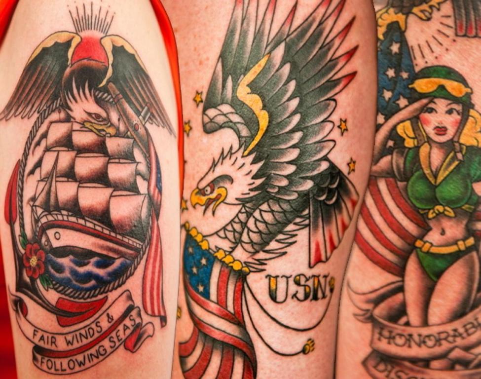 Traditional Eagle And Navy Ship Tattoo