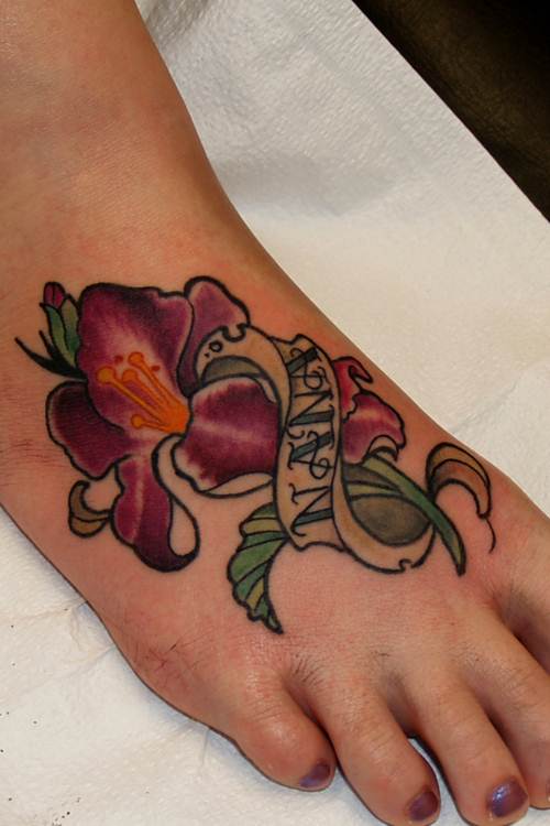 Traditional Gladiolus Tattoo On Foot For Girls
