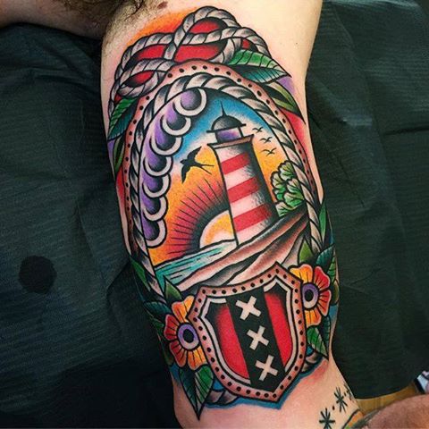 Traditional Lighthouse Tattoo On Inner Bicep by Samuele Briganti