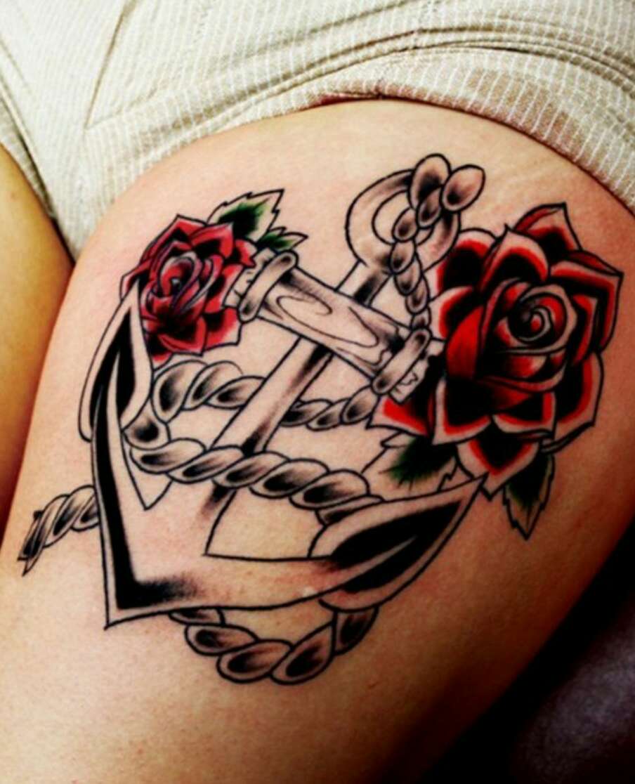 Traditional Navy Anchor Tattoo On Thigh For Girls