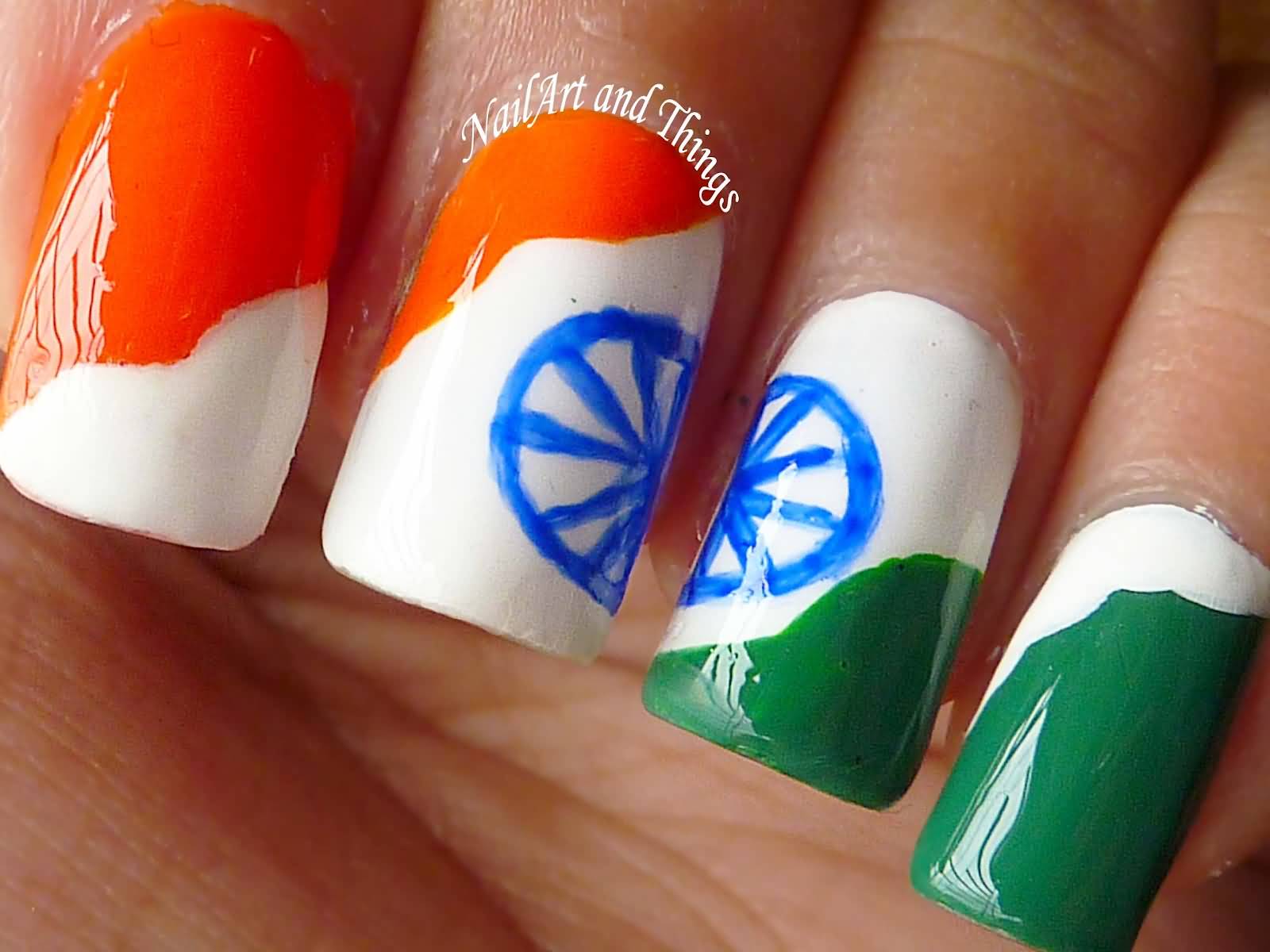Tri Color Indian Flag Nail Art With Ashok Chakra Design