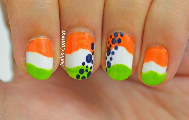 Tri Color Indian Flag With Blue Polka Dots Nail Art