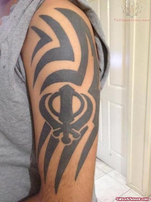 Tribal Design With Khanda Punjabi Tattoo On Left Half Sleeve