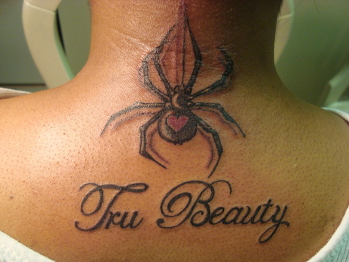 True Beauty Black Widow Spider Tattoo On Nape For Girls