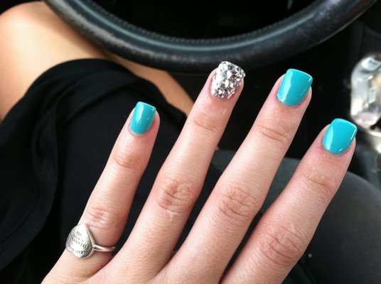 Turquoise Acrylic Short Nails With Glitter Accent Nail Art