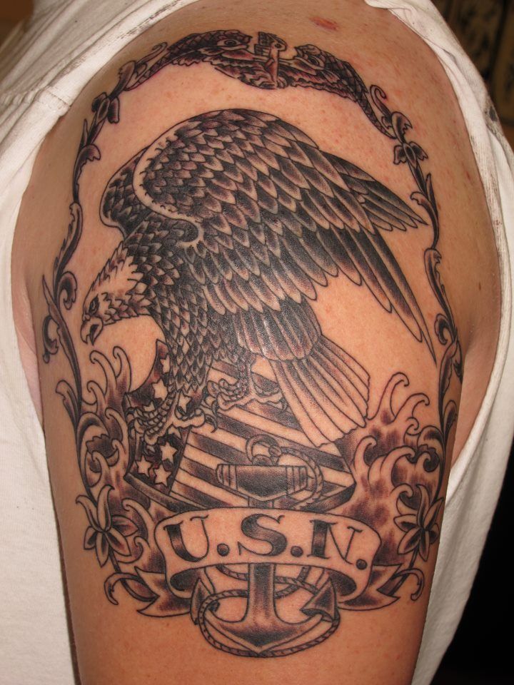 USN Anchor And Eagle Tattoo On Left Half Sleeve