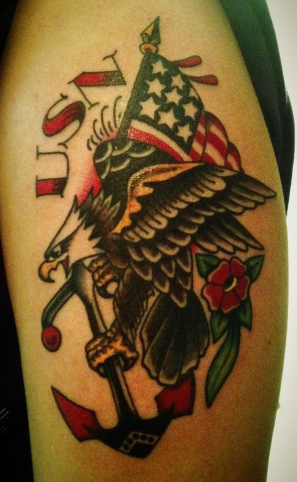 USN Navy Tattoo On Left Shoulder
