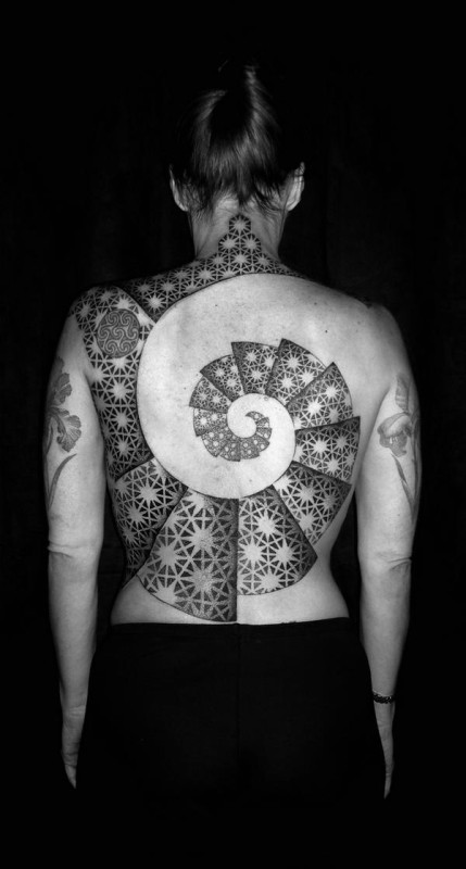 Unique Fibonacci Spiral Tattoo On Full Back For Girls