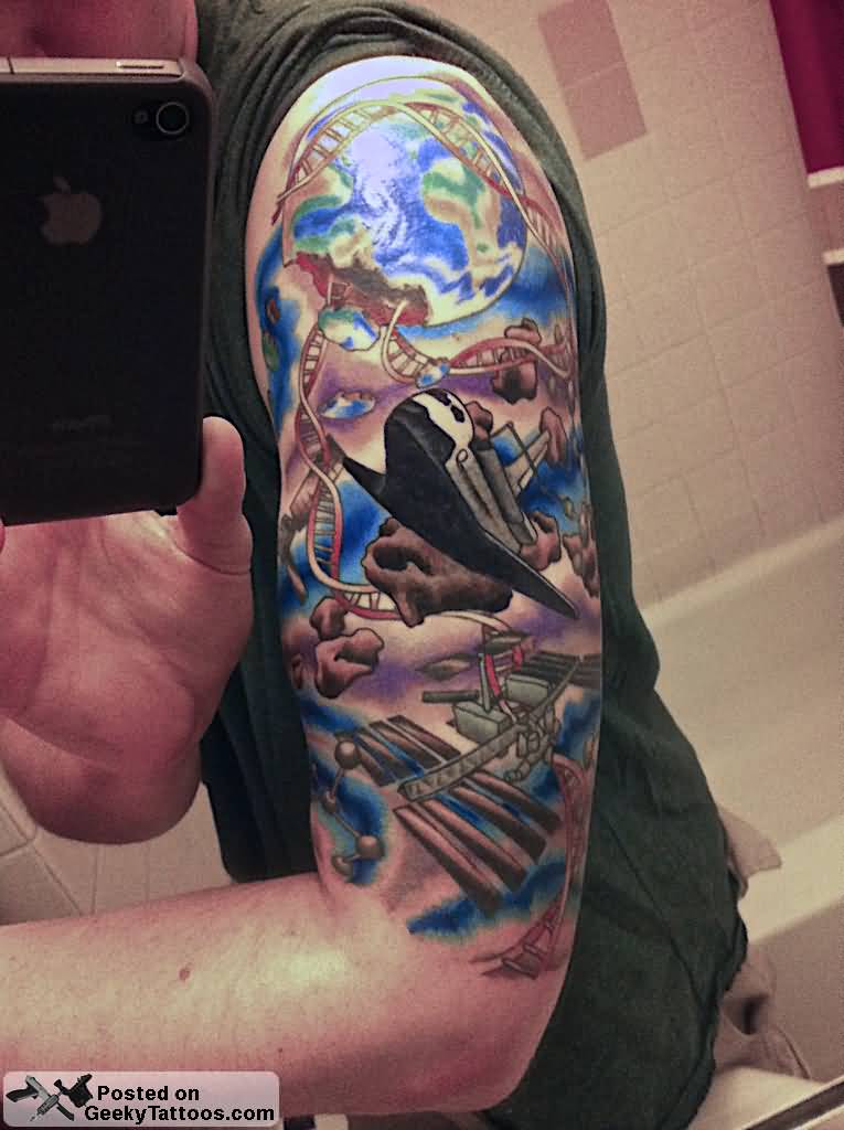 Unique Science Colored Tattoo On Left Half Sleeve