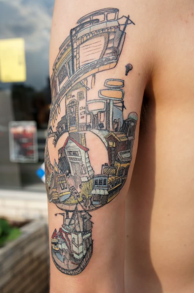 Unique Television Tattoo On Right Half Sleeve