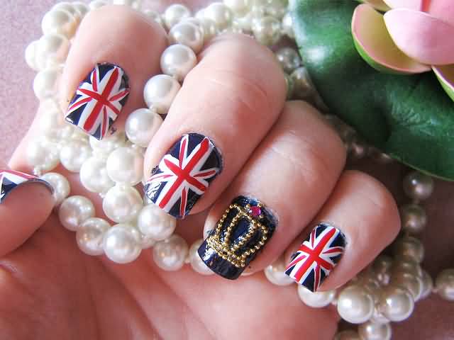 United Kingdom Nails With Accent Caviar Beads Crown Design Nail Art