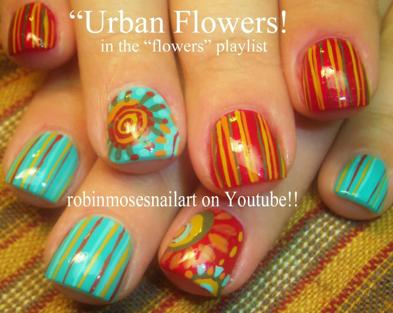 Urban Flowers And Stripes Short Nail Art