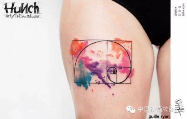 Watercolor Fibonacci Spiral Tattoo On Right Thigh For Girls