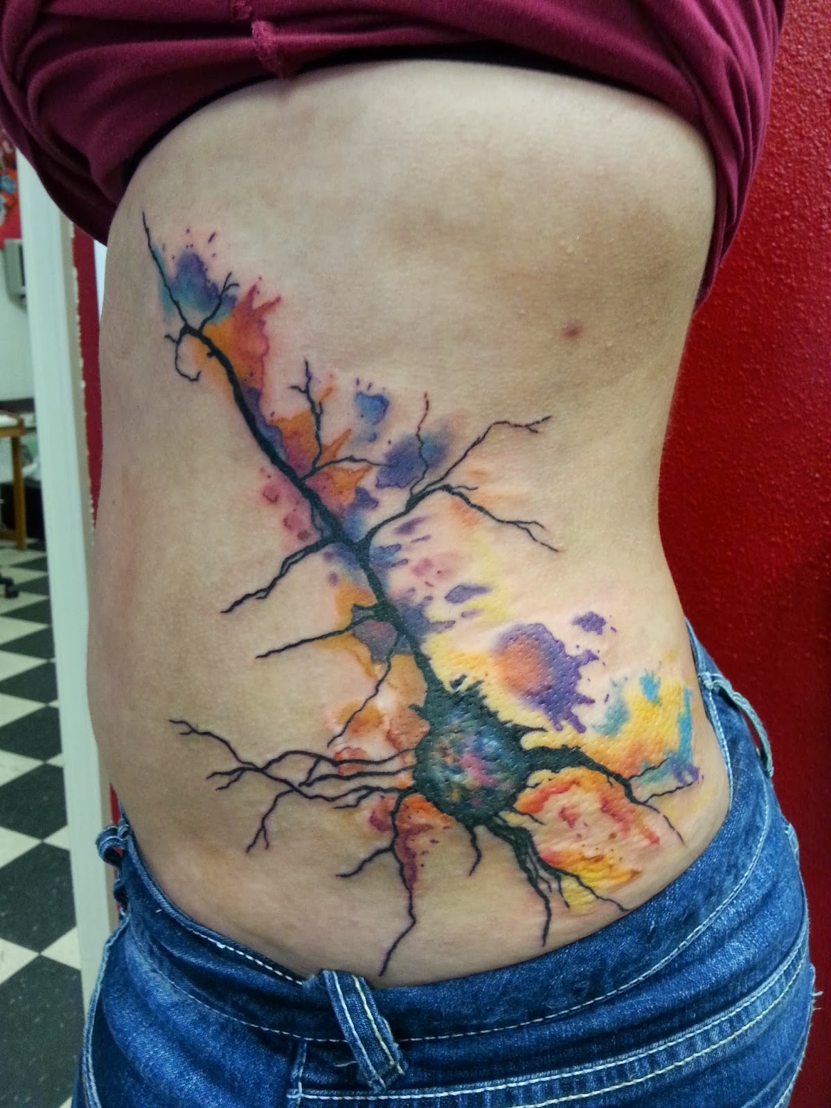 Watercolor Neuron Science Tattoo On Side Rib For Girls