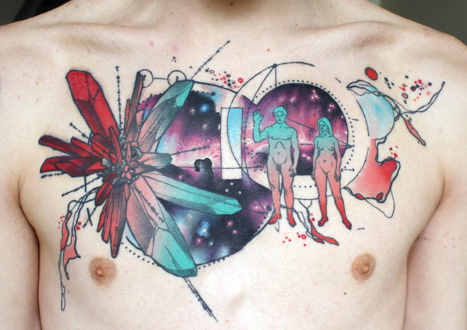 Watercolor Science And Nature Cosmic Tattoo On Chest By Cody Eich