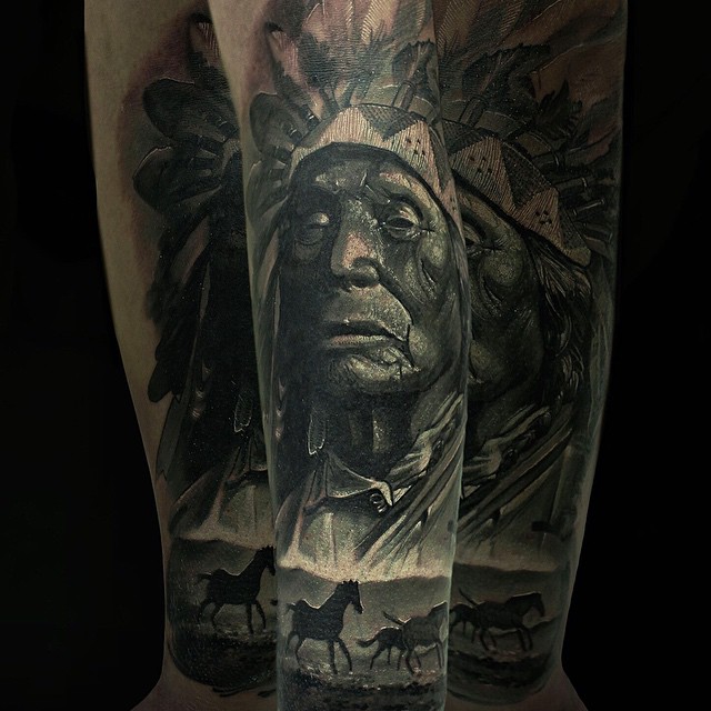 Western American Indian Theme Tattoo On Sleeve