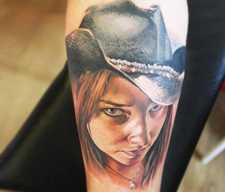 Western Girl Portrait Tattoo On Forearm