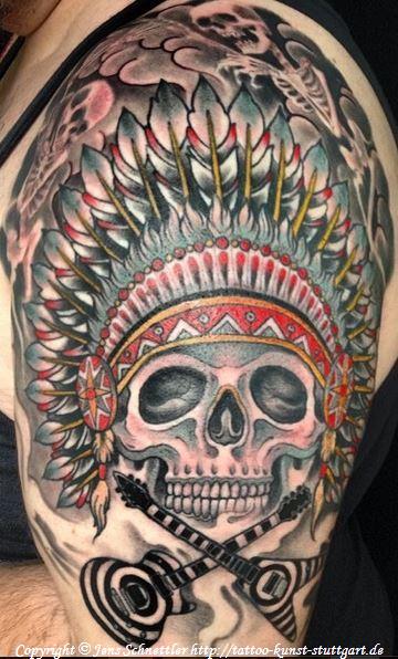 Western Native American Skull Tattoo On Left Half Sleeve