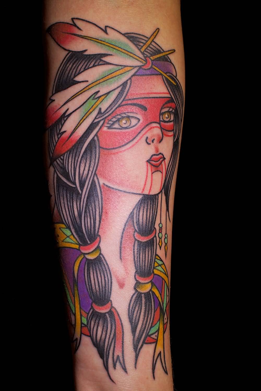 Western Native Girl Traditional Tattoo On Forearm