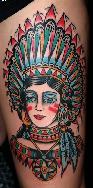 Western Native Girl Traditional Tattoo On Thigh