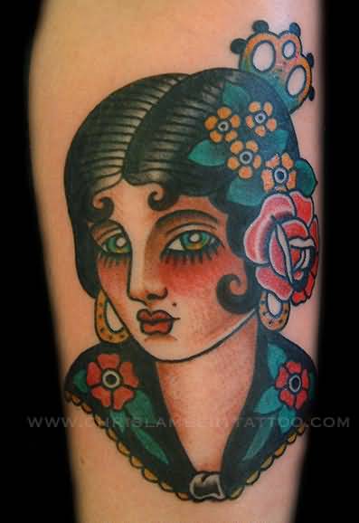 Western Traditional Girl Tattoo On Arm