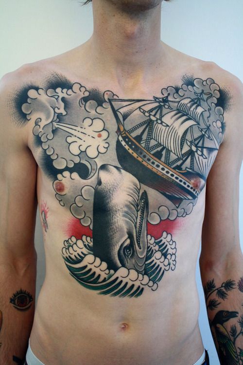 Whale And Navy Ship Tattoo On Chest